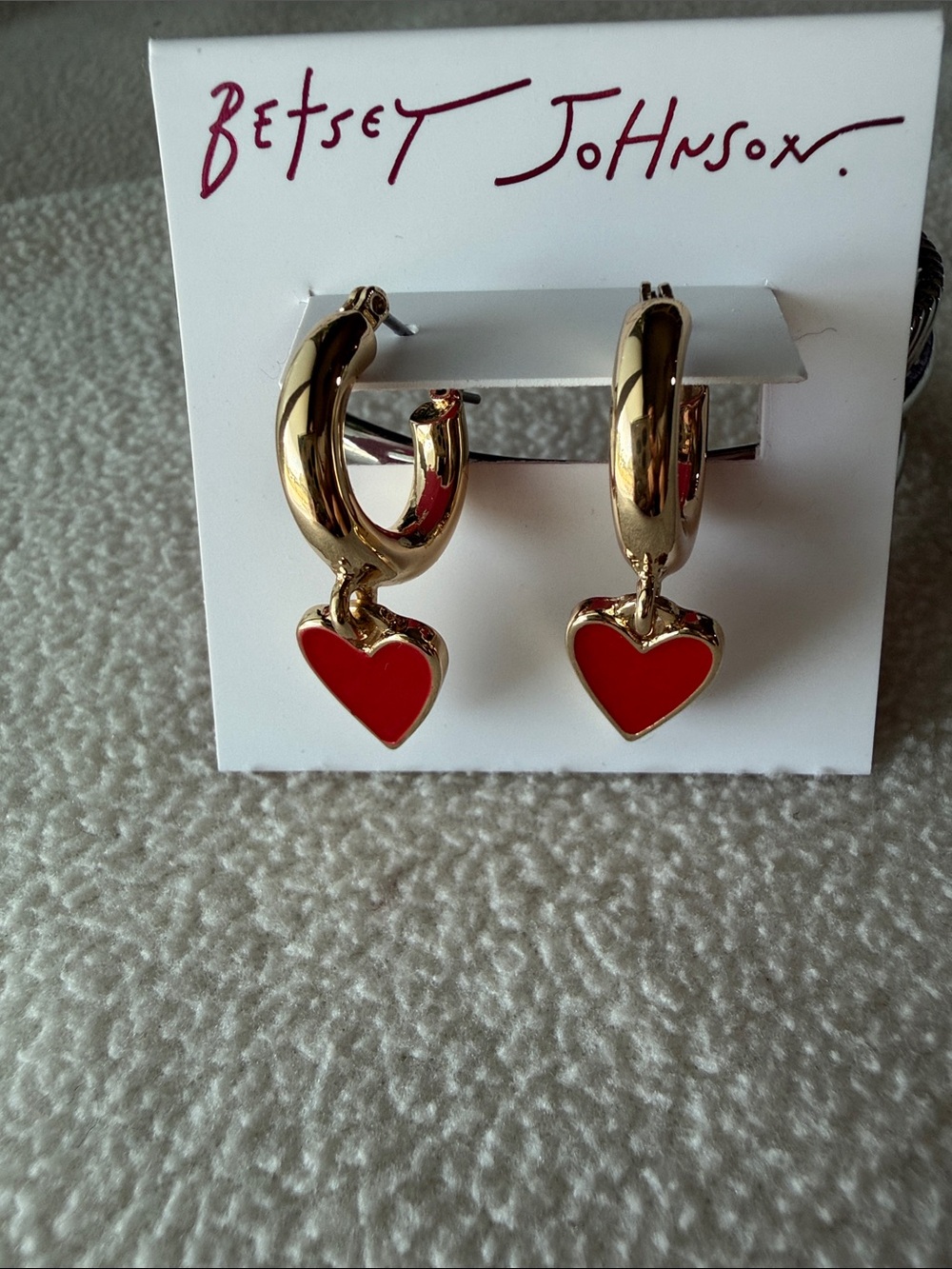 Betsey Johnson Gold Hoop Earrings with Red Heart Drops